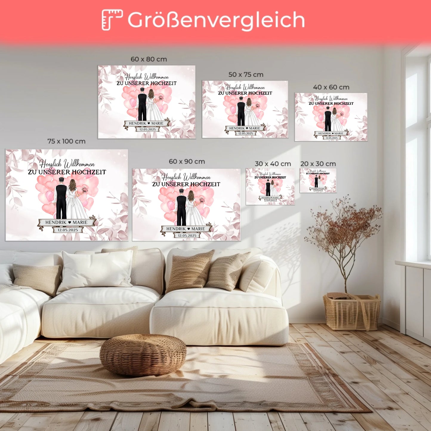 Willkommensschild Hochzeit mit Herz Ballons und Leinwand