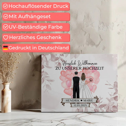 Willkommensschild Hochzeit mit Herz Ballons und Leinwand
