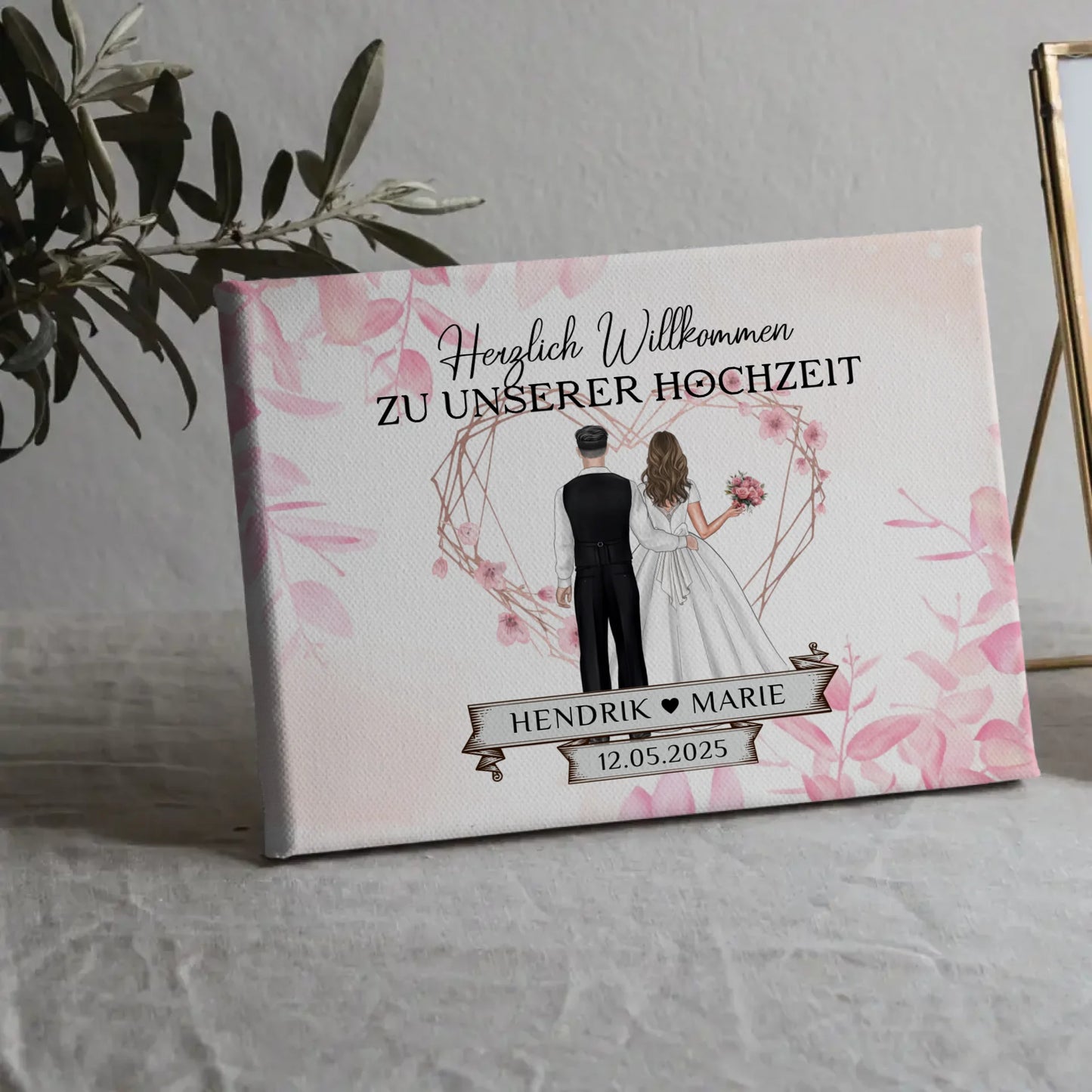 Willkommens Leinwand Hochzeit Rosa Floral mit Namen gestalten