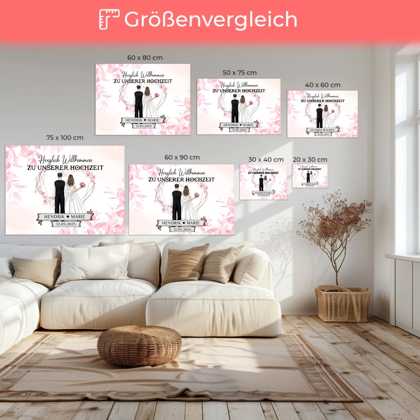 Willkommens Leinwand Hochzeit Rosa Floral mit Namen gestalten
