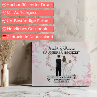 Willkommens Leinwand Hochzeit Rosa Floral mit Namen gestalten