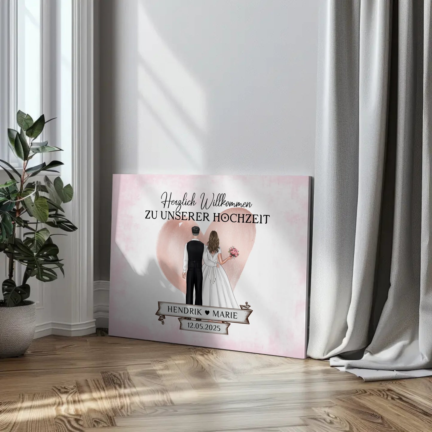 Willkommensschild Hochzeit Blüten Leinwand personalisiert