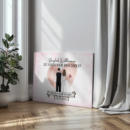 Willkommensschild Hochzeit Blüten Leinwand personalisiert
