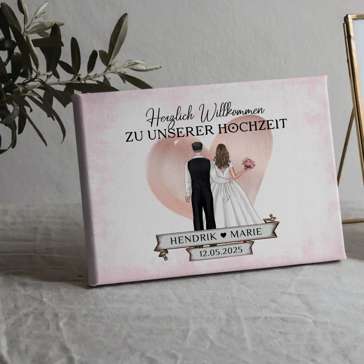 Willkommensschild Hochzeit Blüten Leinwand personalisiert
