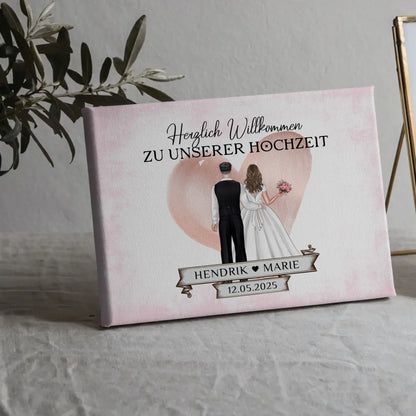 Willkommensschild Hochzeit Blüten Leinwand personalisiert