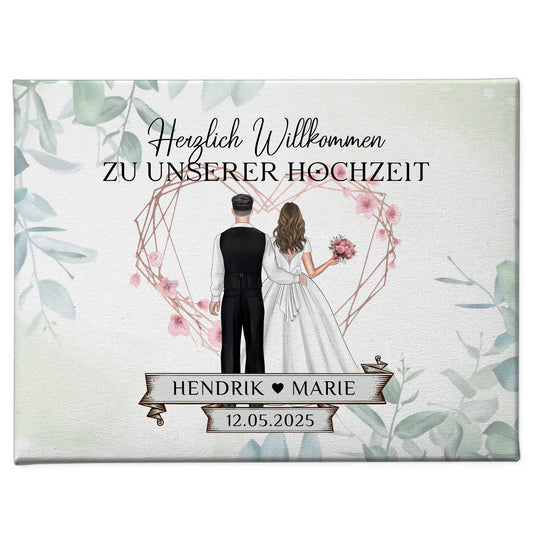 Hochzeit Willkommensschild Herz Rose Leinwand personalisiert