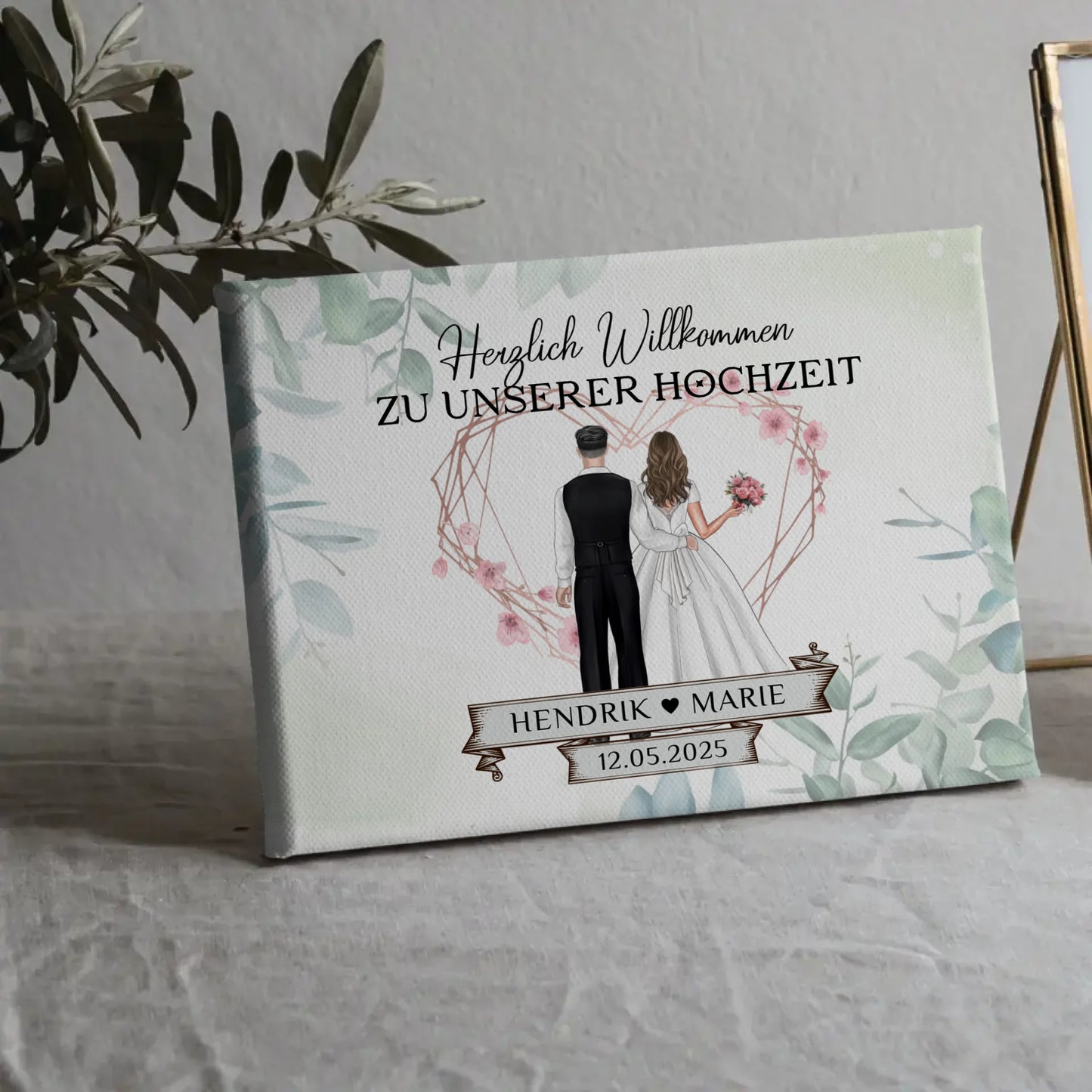 Hochzeit Willkommensschild Herz Rose Leinwand personalisiert