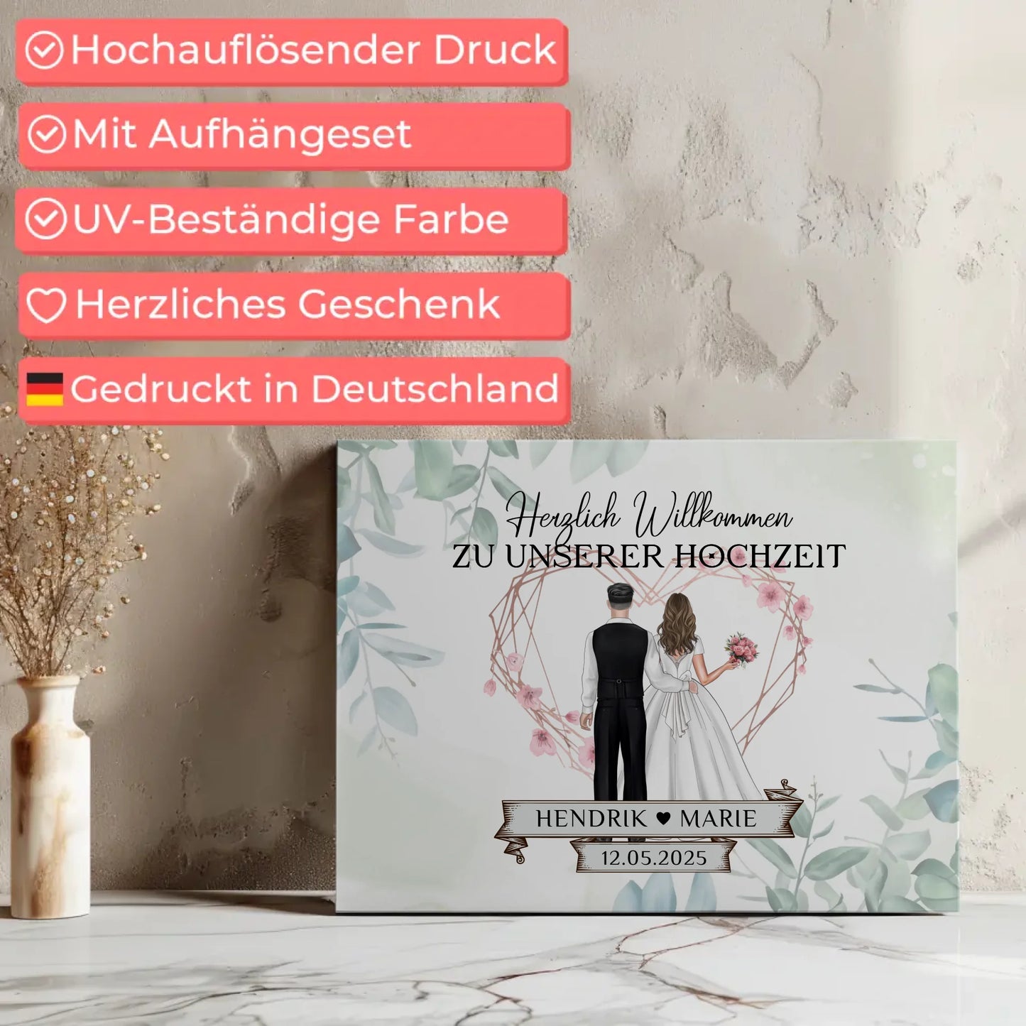 Hochzeit Willkommensschild Herz Rose Leinwand personalisiert