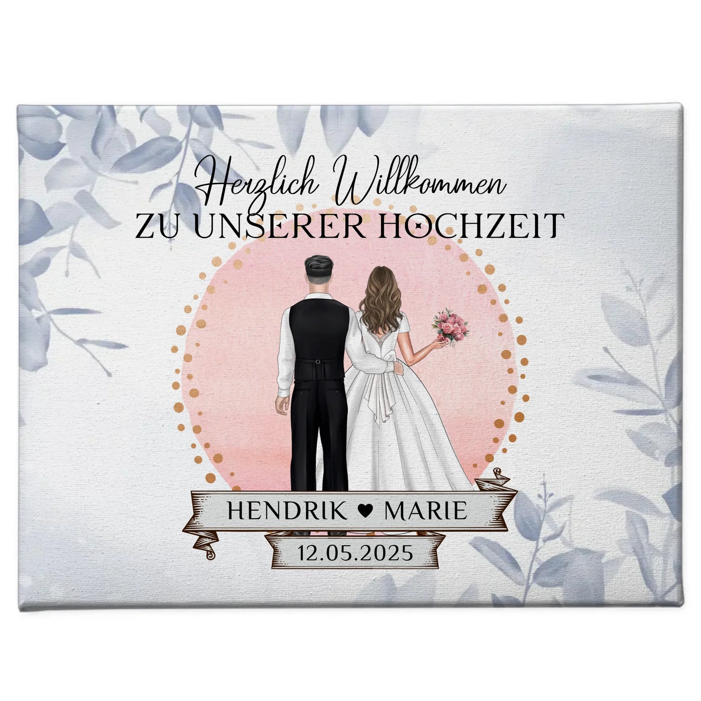 Willkommensschild Hochzeit Eucalyptus Blau Leinwand personalisiert