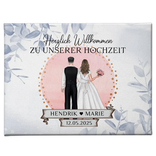 Willkommensschild Hochzeit Eucalyptus Blau Leinwand personalisiert