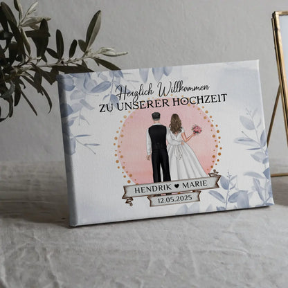 Willkommensschild Hochzeit Eucalyptus Blau Leinwand personalisiert