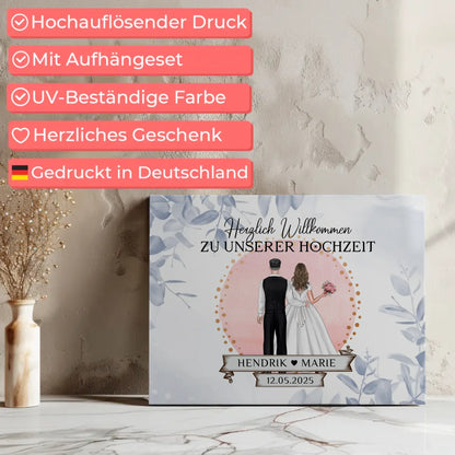 Willkommensschild Hochzeit Eucalyptus Blau Leinwand personalisiert