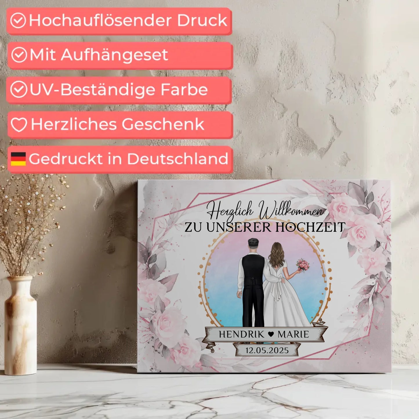 Hochzeit Willkommensschild Floral Leinwand personalisiert