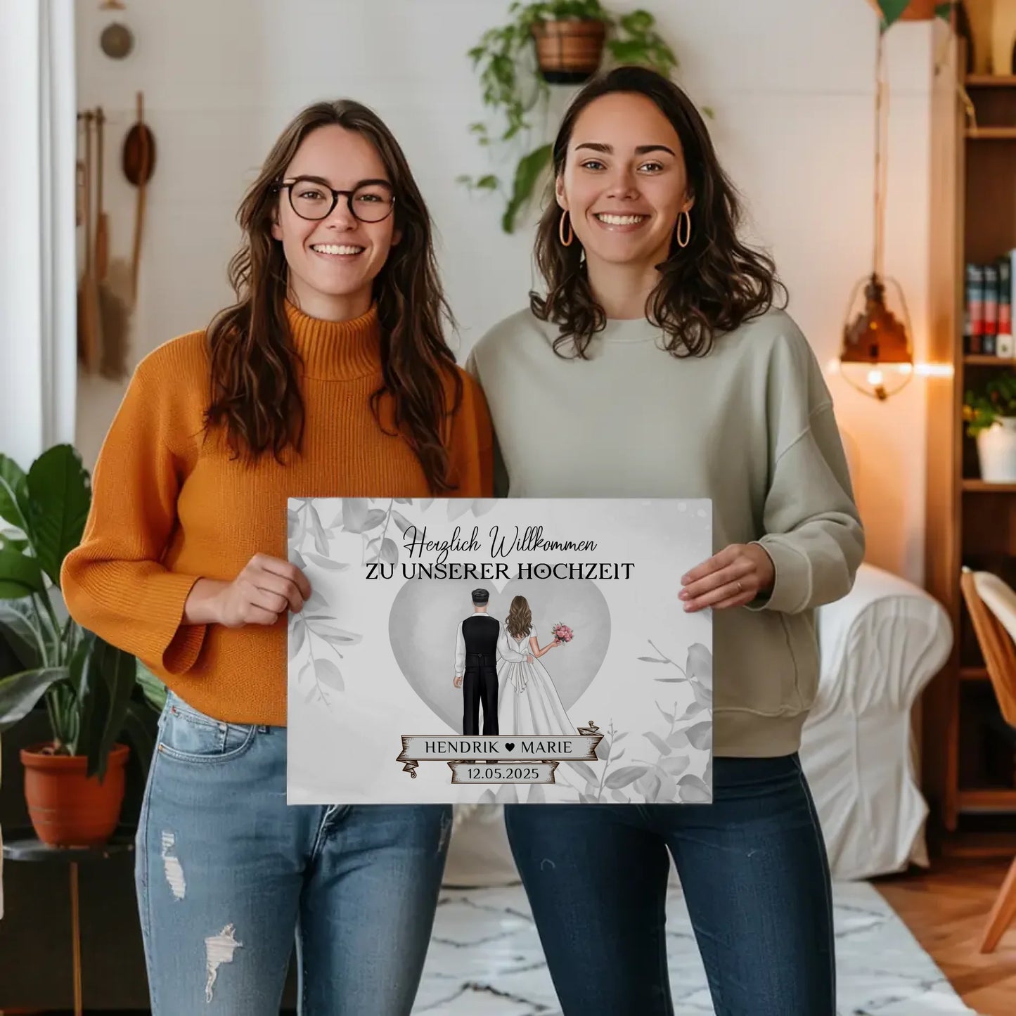 Leinwand Hochzeit Herzlich Willkommen Eukalyptus Floral Black White