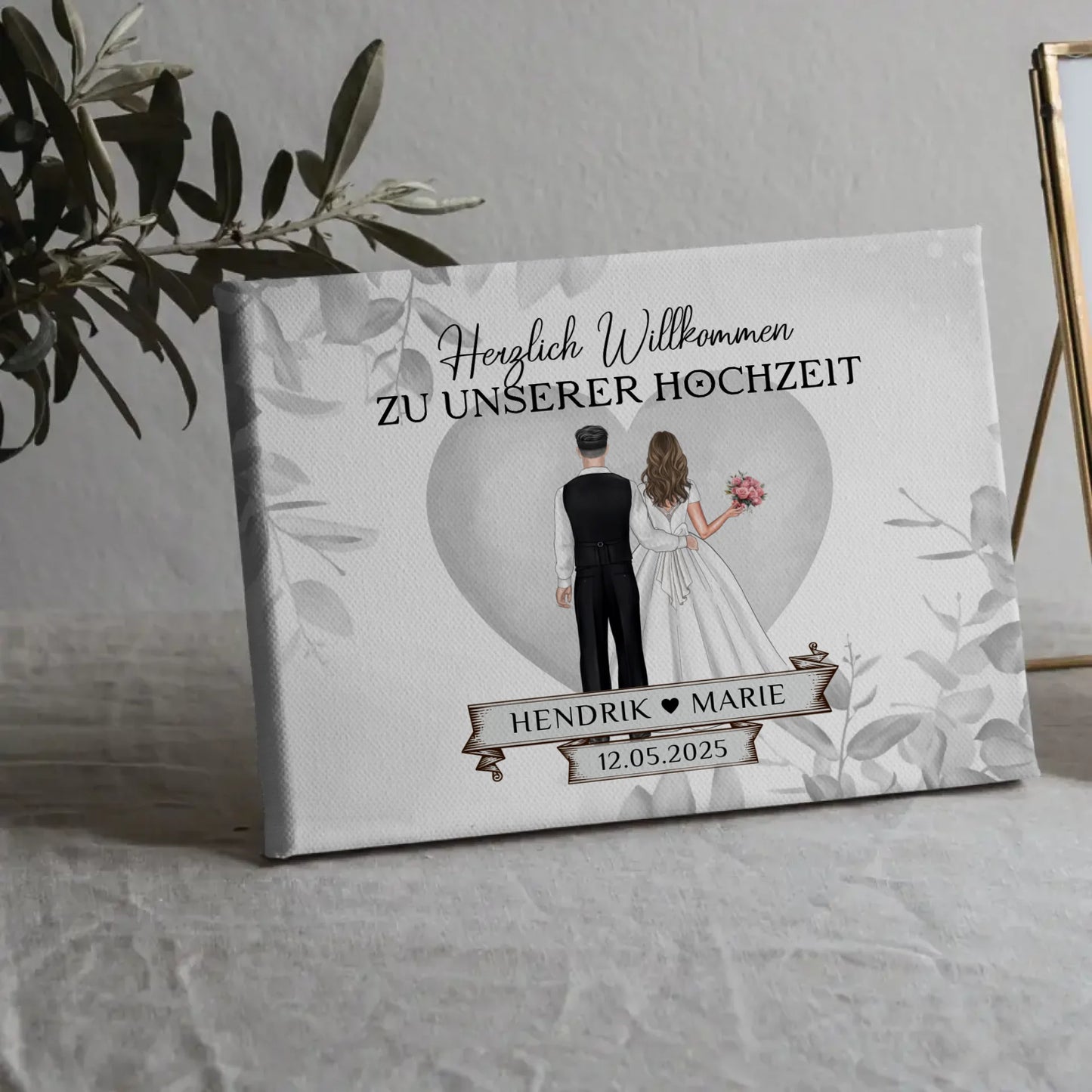 Leinwand Hochzeit Herzlich Willkommen Eukalyptus Floral Black White