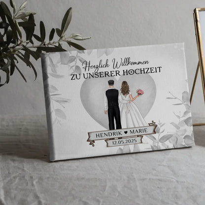 Leinwand Hochzeit Herzlich Willkommen Eukalyptus Floral Black White