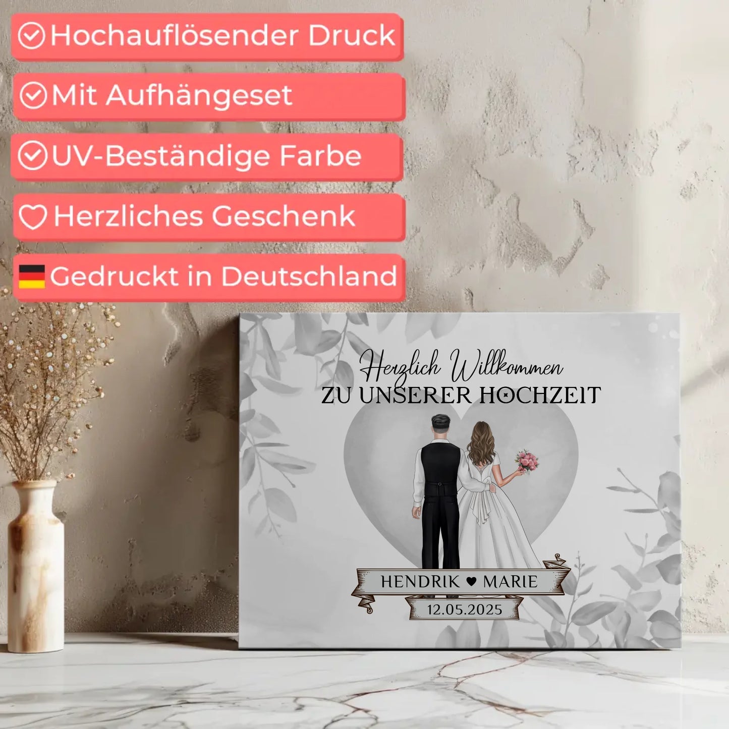 Leinwand Hochzeit Herzlich Willkommen Eukalyptus Floral Black White