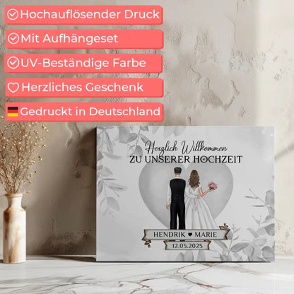 Leinwand Hochzeit Herzlich Willkommen Eukalyptus Floral Black White