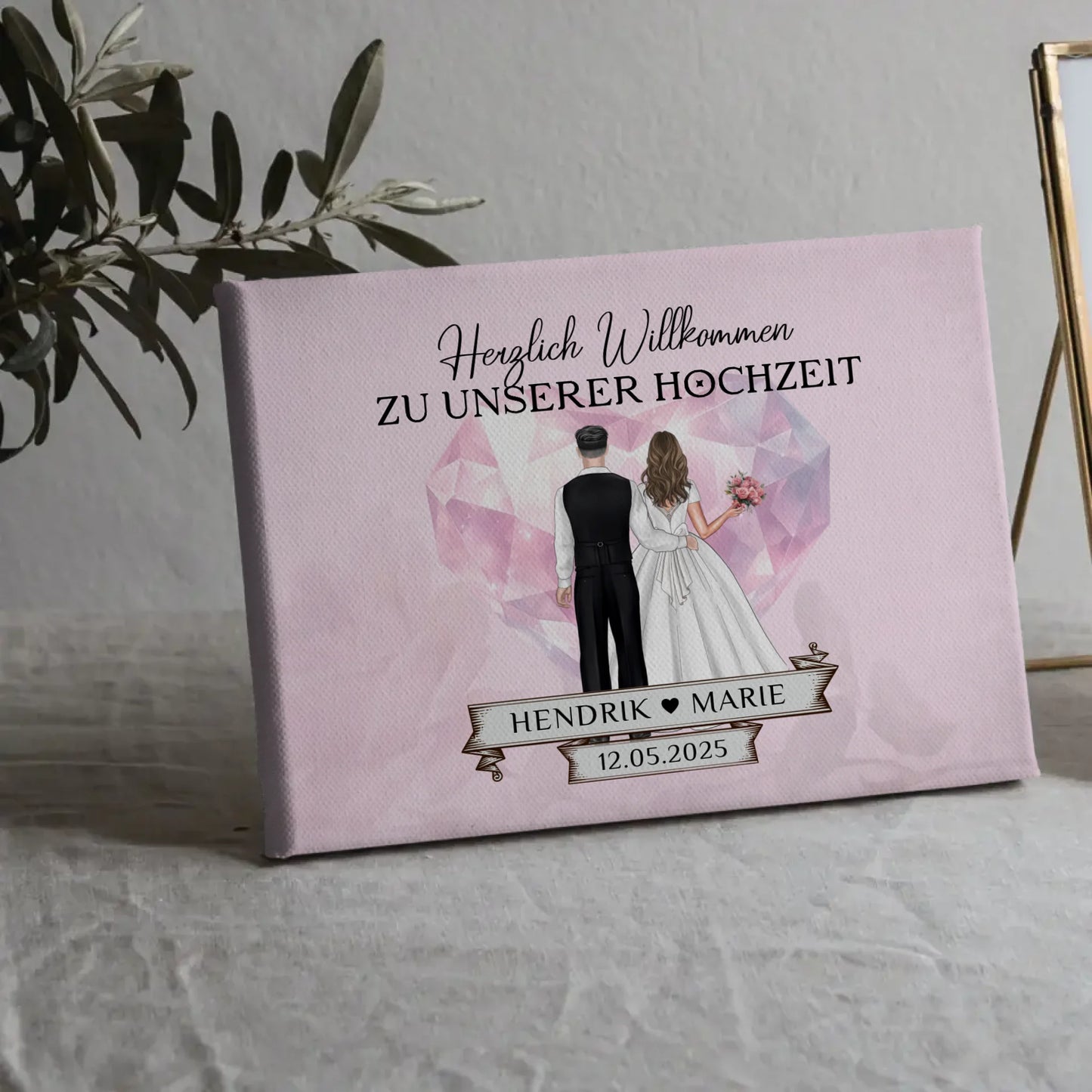 Hochzeit Willkommensschild Diamant Herz Leinwand personalisiert
