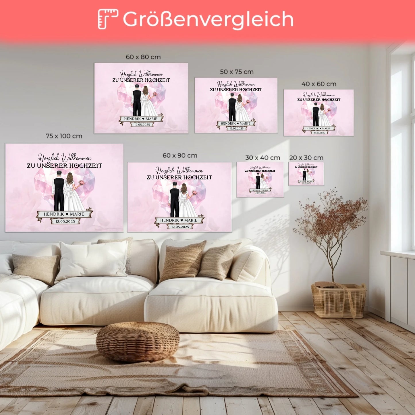 Hochzeit Willkommensschild Diamant Herz Leinwand personalisiert