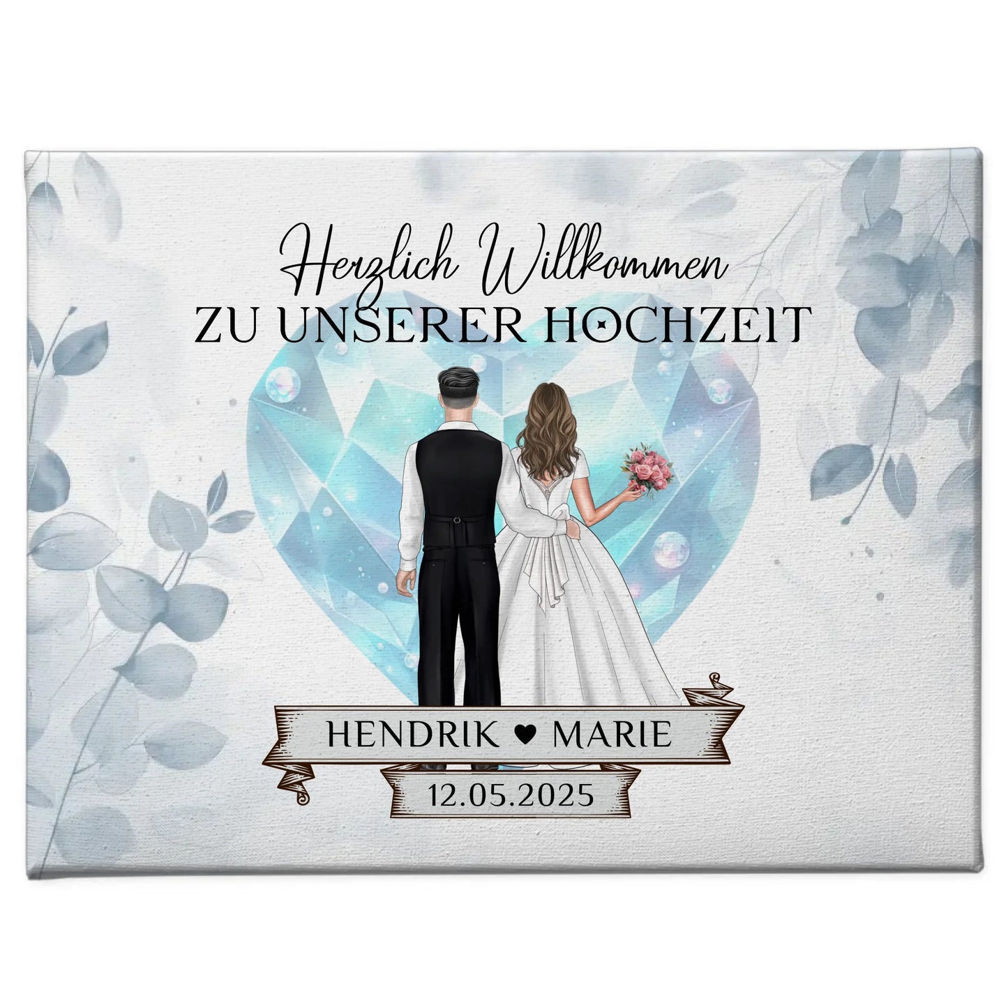 Willkommens Leinwand Hochzeit Floral Blau personalisiert