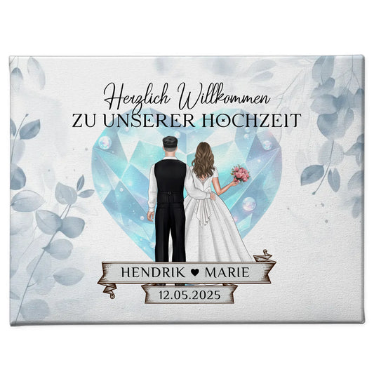 Willkommens Leinwand Hochzeit Floral Blau personalisiert