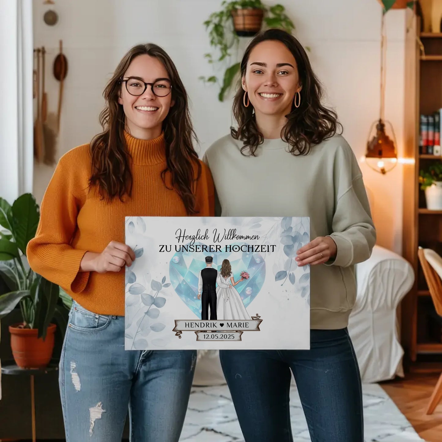 Willkommens Leinwand Hochzeit Floral Blau personalisiert