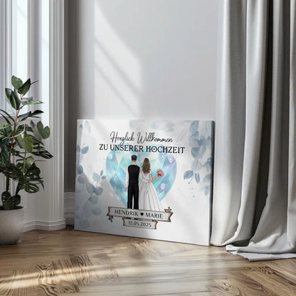 Willkommens Leinwand Hochzeit Floral Blau personalisiert