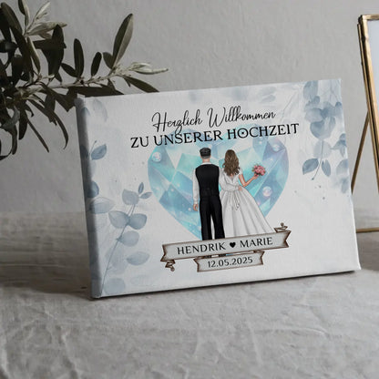 Willkommens Leinwand Hochzeit Floral Blau personalisiert