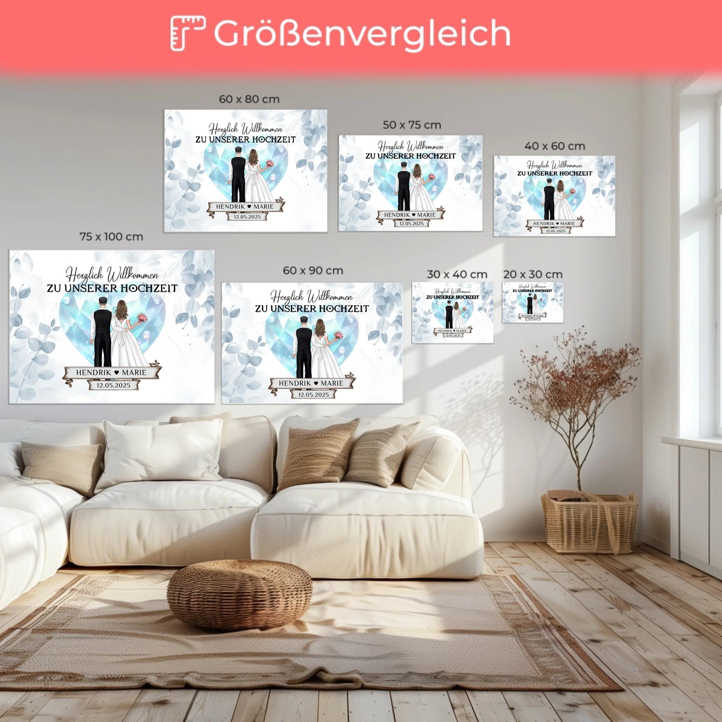 Willkommens Leinwand Hochzeit Floral Blau personalisiert