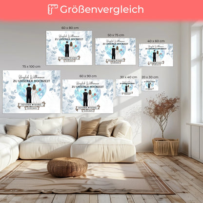 Willkommens Leinwand Hochzeit Floral Blau personalisiert