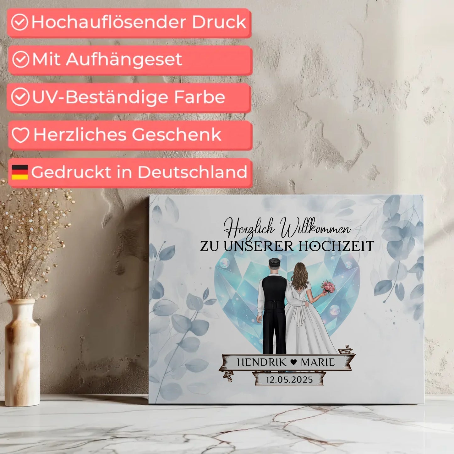 Willkommens Leinwand Hochzeit Floral Blau personalisiert