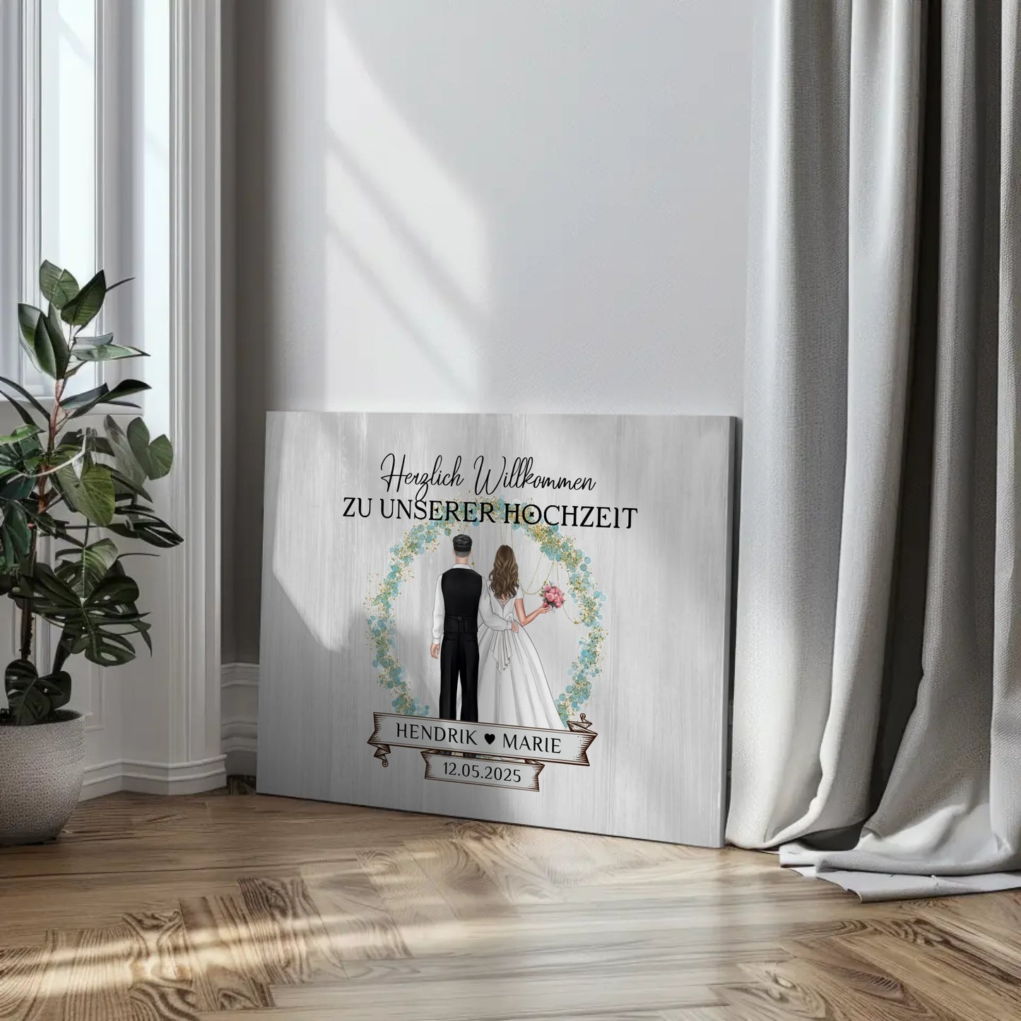 Leinwand Hochzeit Herzlich Willkommen Holz Stil mit Namen