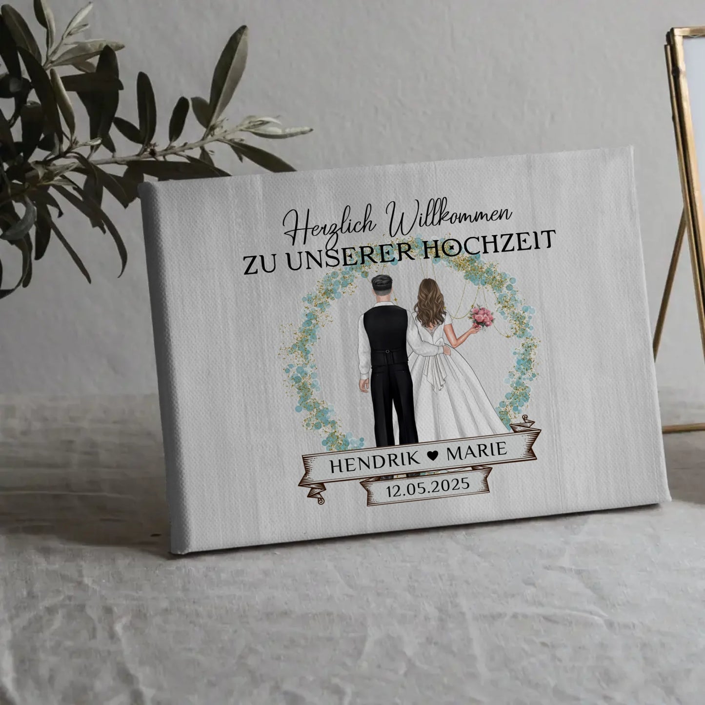 Leinwand Hochzeit Herzlich Willkommen Holz Stil mit Namen