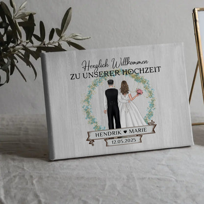 Leinwand Hochzeit Herzlich Willkommen Holz Stil mit Namen