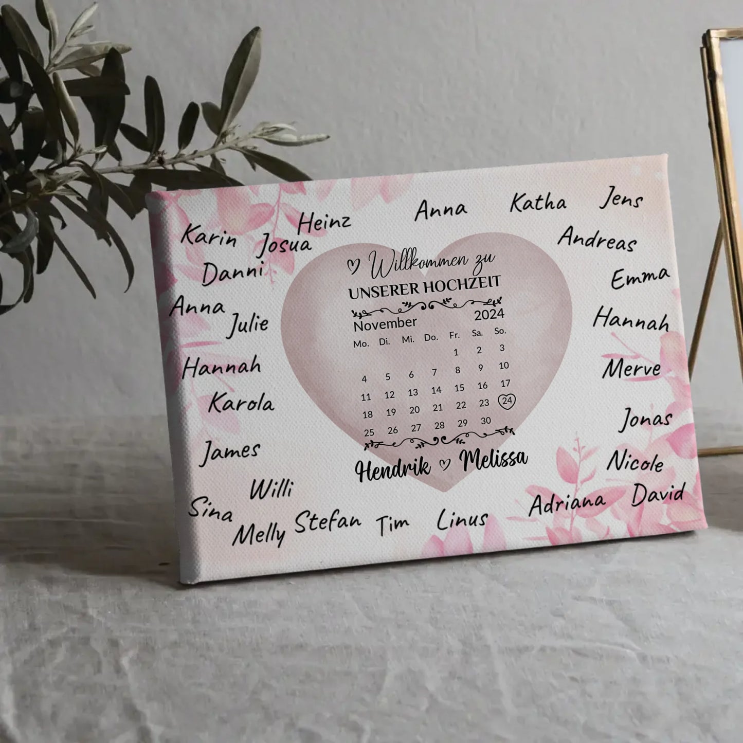 Willkommensschild Hochzeit Farbklecks Herz für Unterschriften