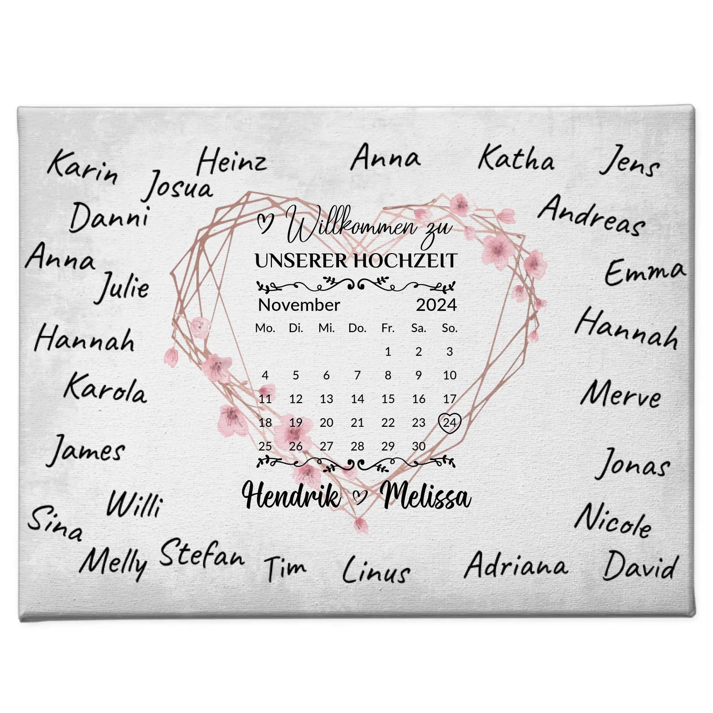 Willkommens Leinwand Hochzeit für eigene Unterschriften Herz Kranz
