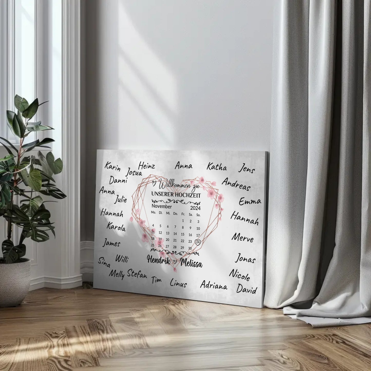 Willkommens Leinwand Hochzeit für eigene Unterschriften Herz Kranz