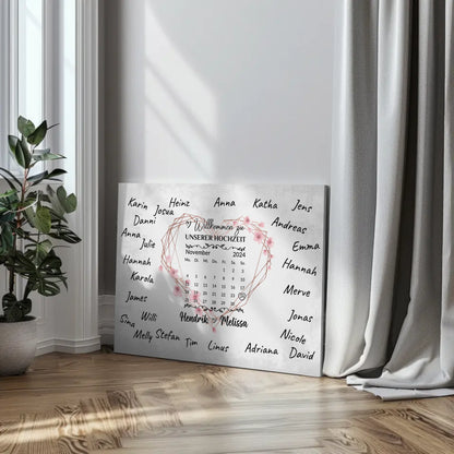 Willkommens Leinwand Hochzeit für eigene Unterschriften Herz Kranz