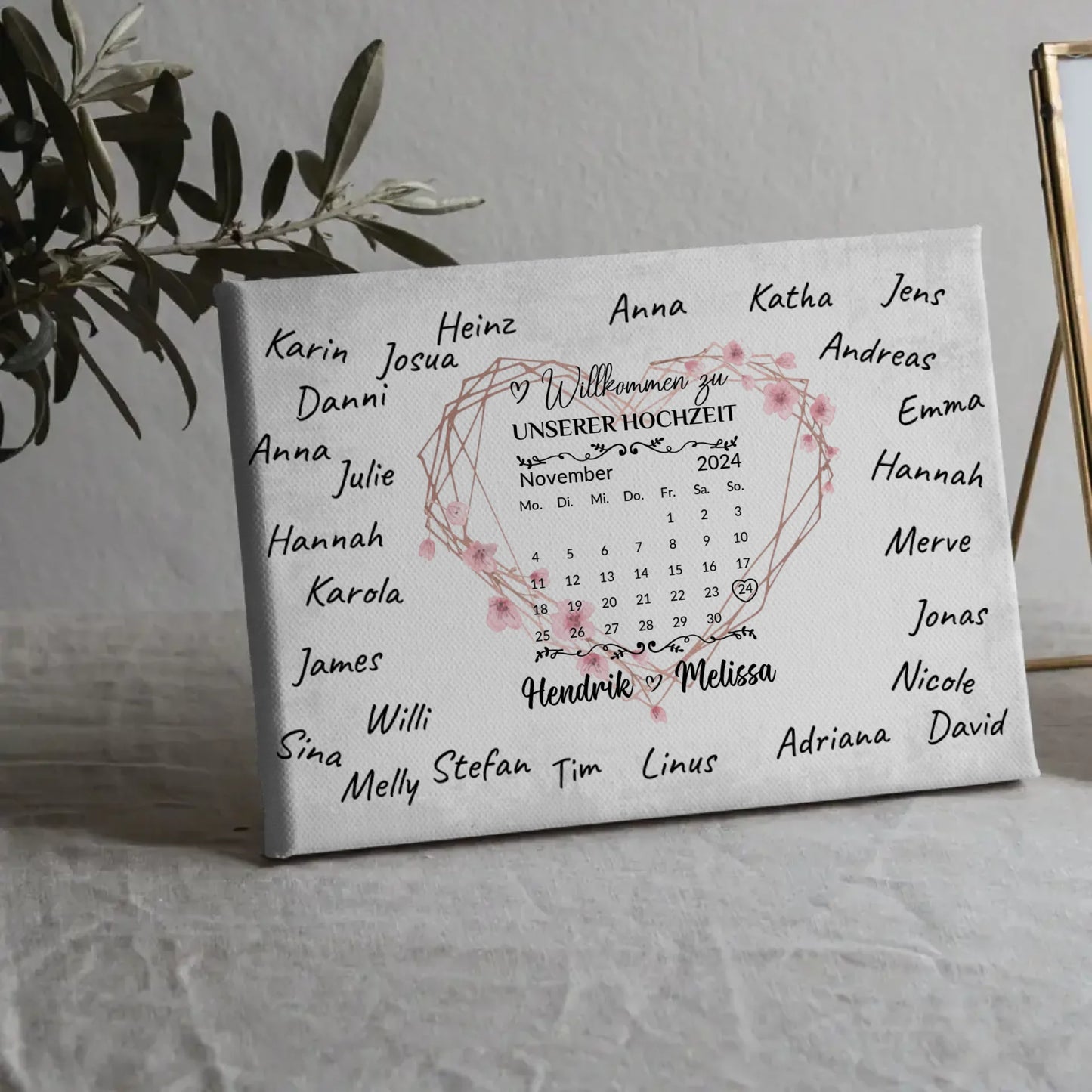 Willkommens Leinwand Hochzeit für eigene Unterschriften Herz Kranz