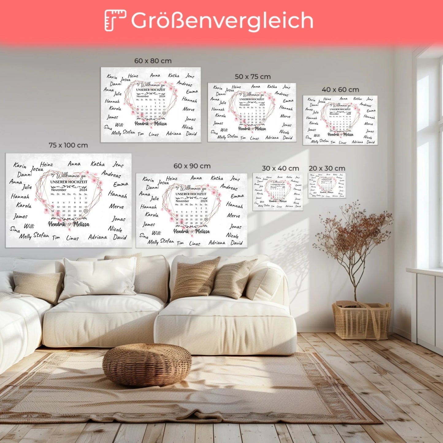 Willkommens Leinwand Hochzeit für eigene Unterschriften Herz Kranz