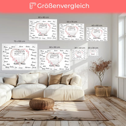 Willkommens Leinwand Hochzeit für eigene Unterschriften Herz Kranz