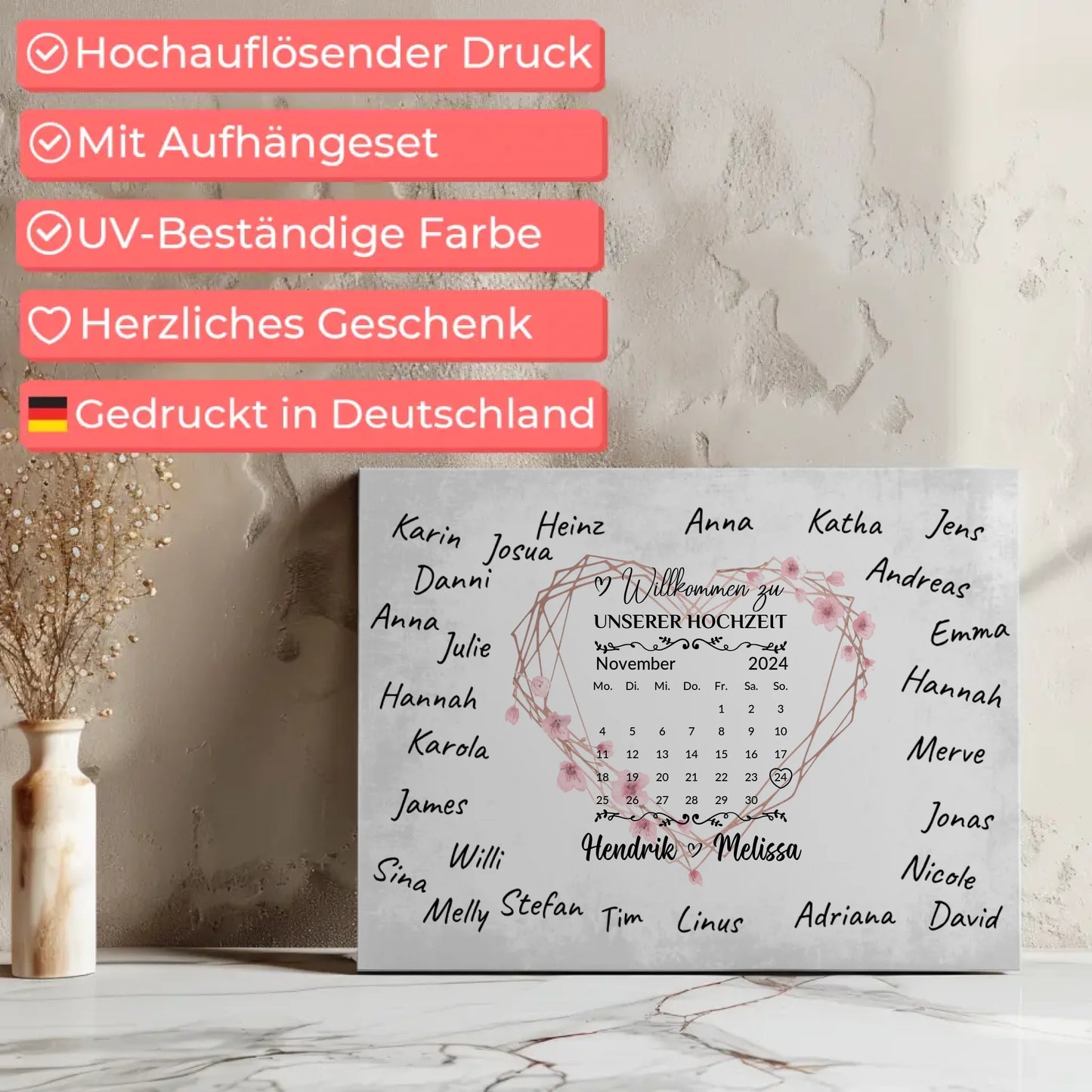 Willkommens Leinwand Hochzeit für eigene Unterschriften Herz Kranz