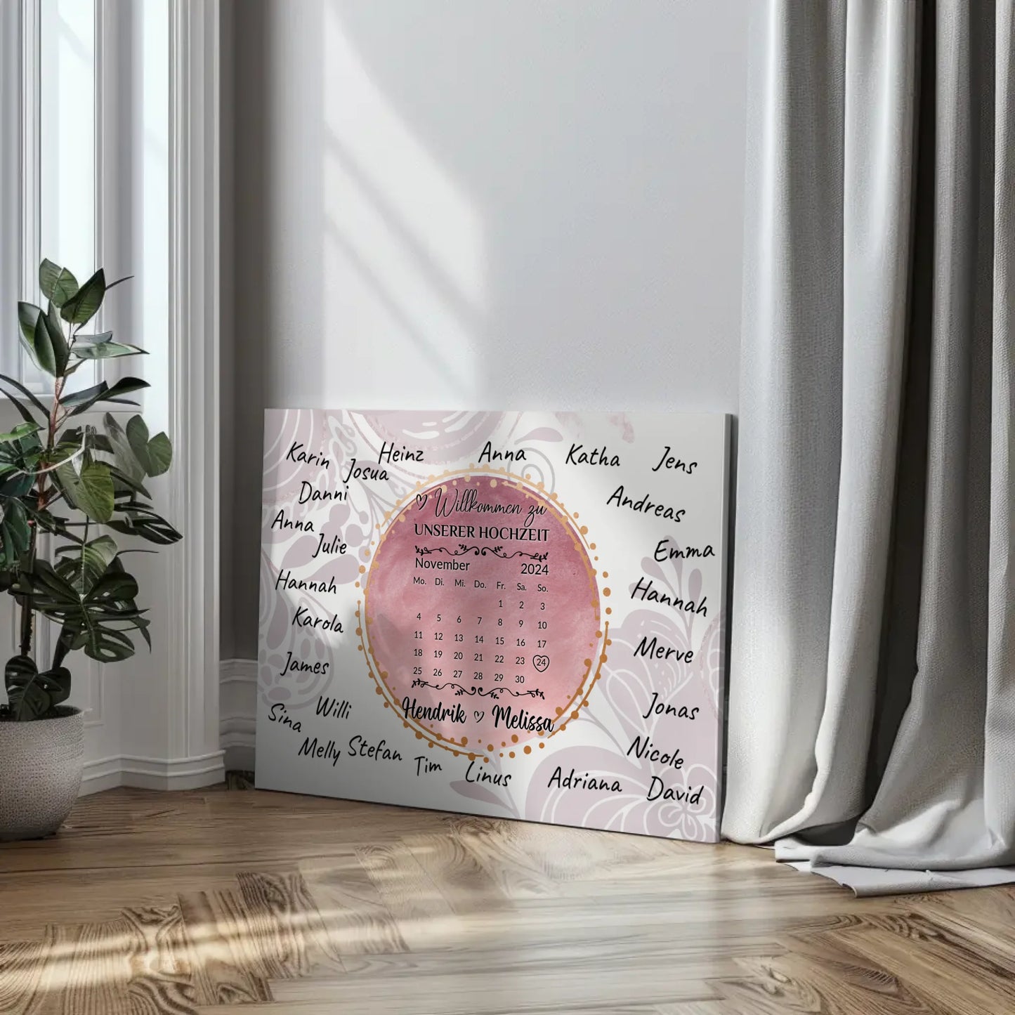 Leinwand Hochzeit Herzlich Willkommen Rosa Aquarell Unterschriften