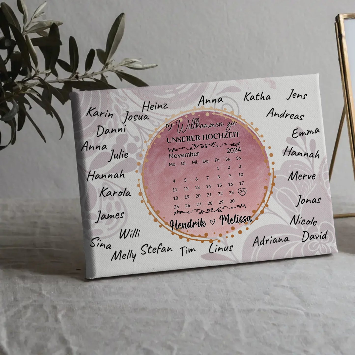 Leinwand Hochzeit Herzlich Willkommen Rosa Aquarell Unterschriften