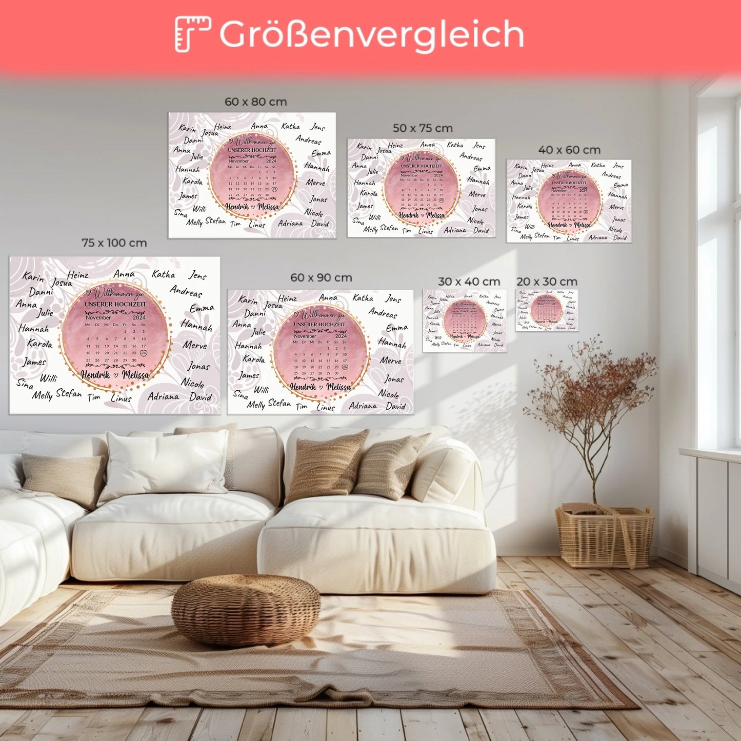 Leinwand Hochzeit Herzlich Willkommen Rosa Aquarell Unterschriften