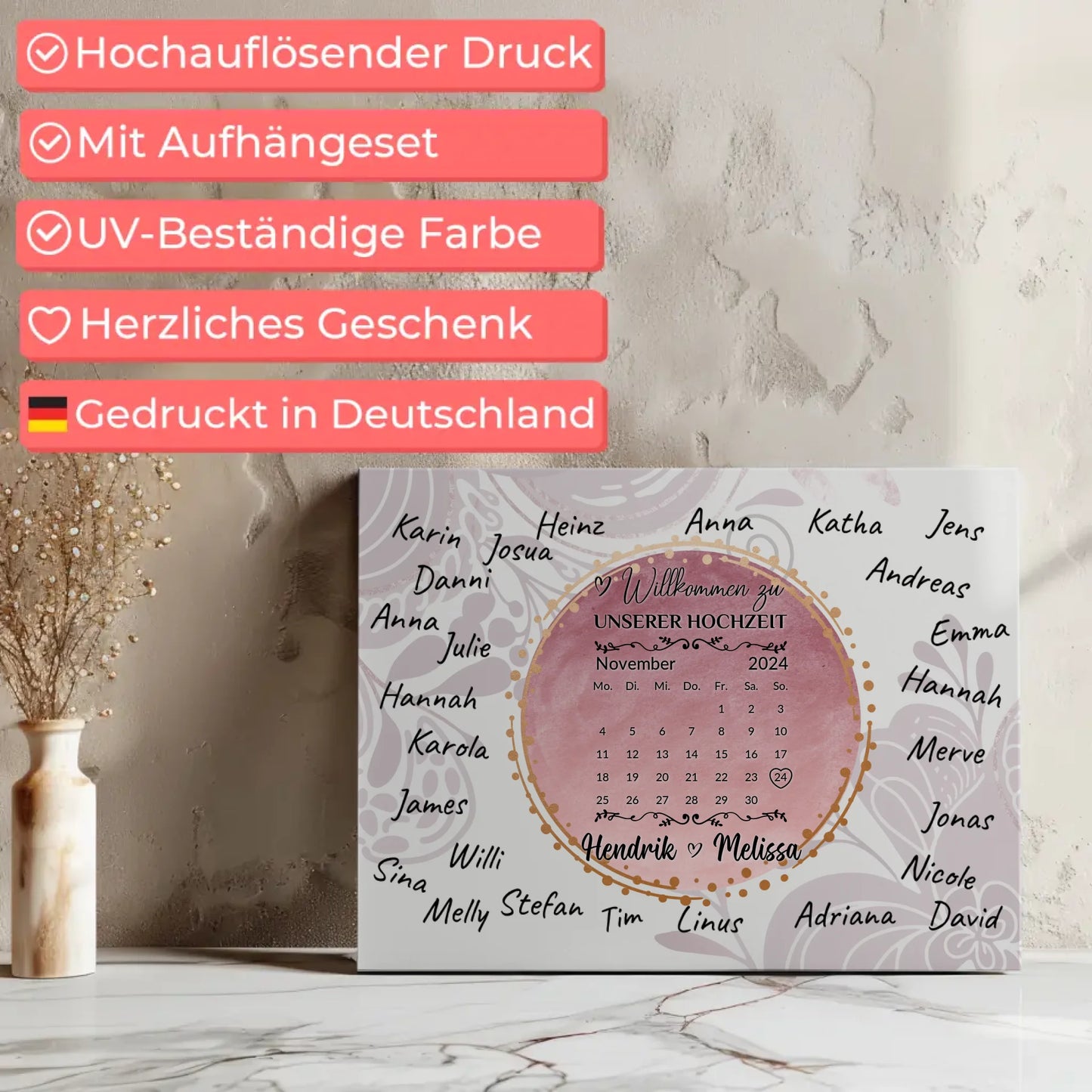 Leinwand Hochzeit Herzlich Willkommen Rosa Aquarell Unterschriften