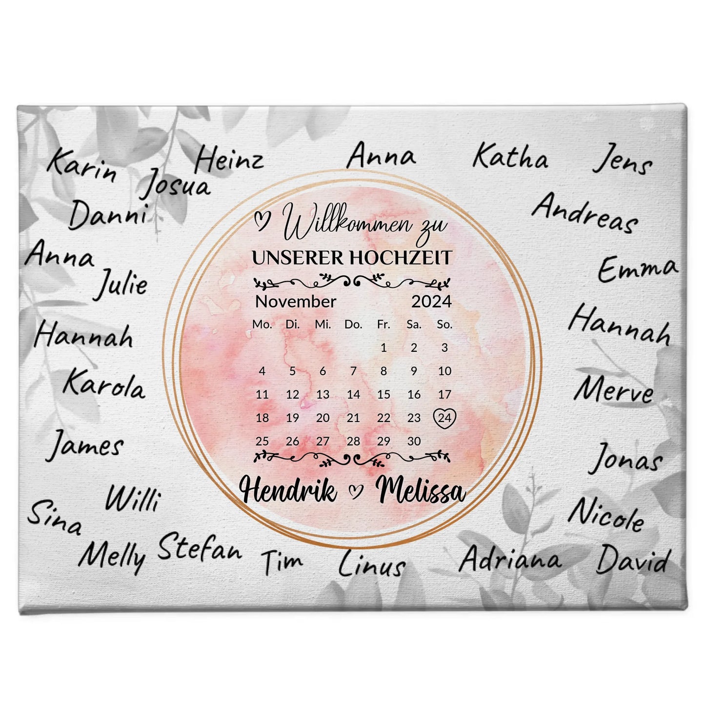 Willkommensschild Hochzeit Aquarell Kranz für eigene Unterschriften