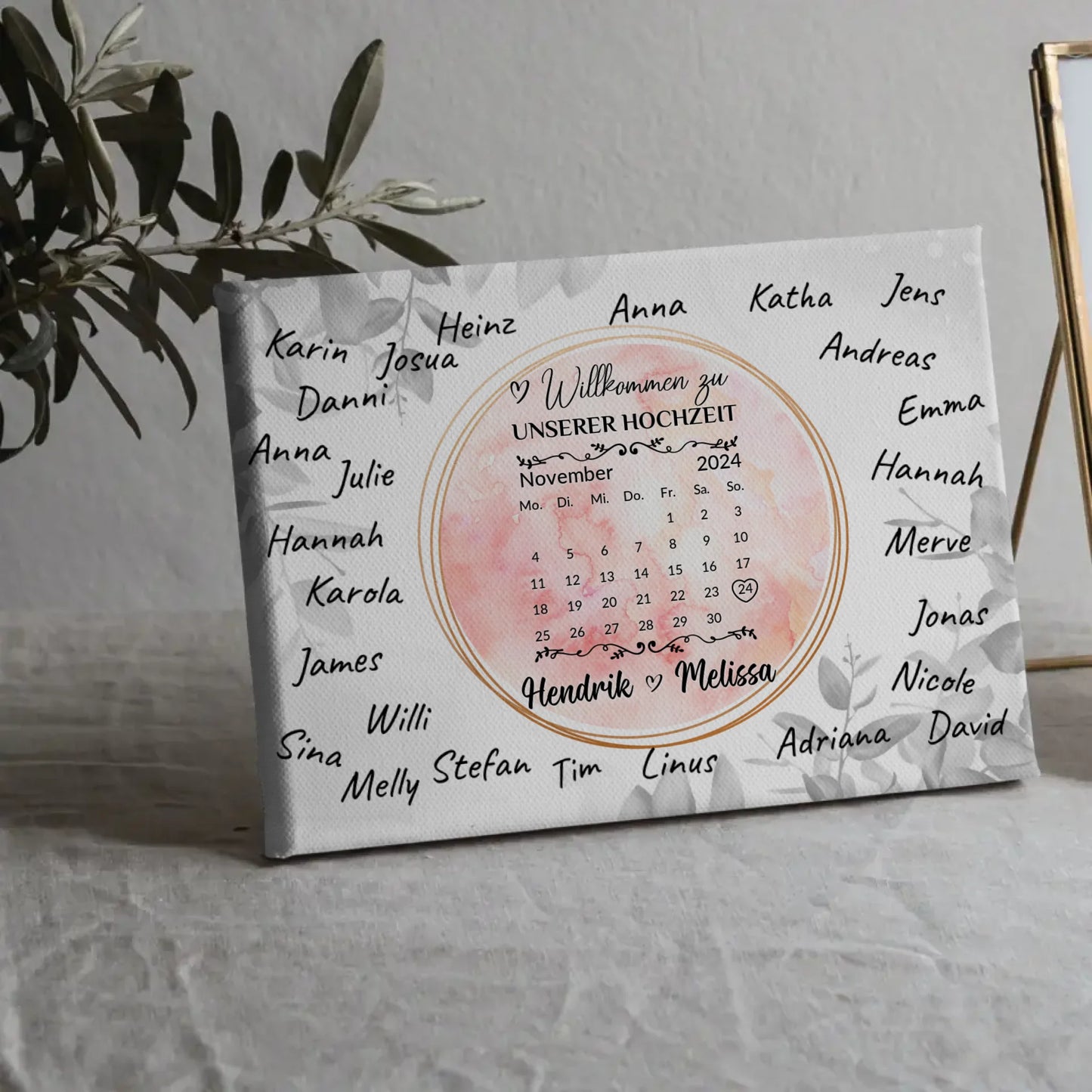 Willkommensschild Hochzeit Aquarell Kranz für eigene Unterschriften