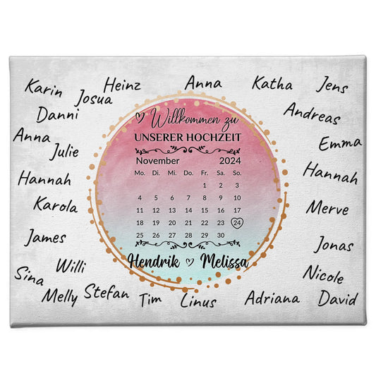 Willkommens Leinwand Hochzeit für eigene Unterschriften Farbklecks Blau